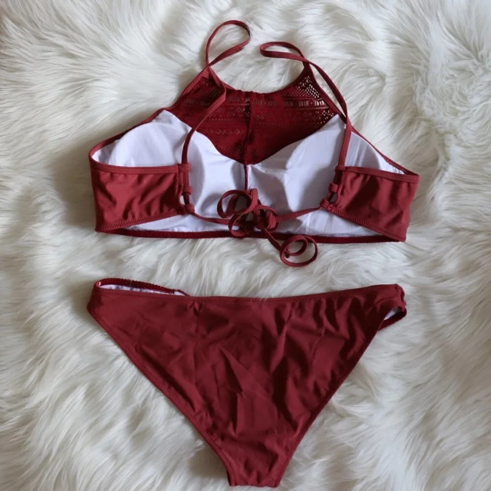 NEW Red Wine Red Lace Crochet Bohemian Boho Bikini Swim Set Size XXL